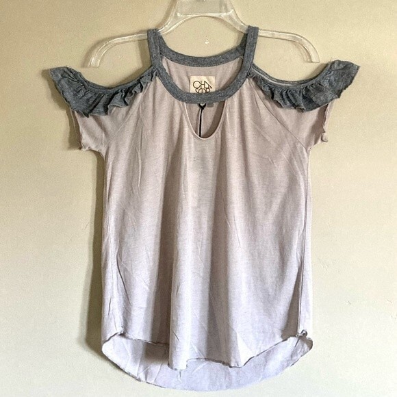 NEW Chaser Jersey Ruffle Open Shoulder Hi Lo Shirttail Tee in Tan Gray Size M - Picture 2 of 13